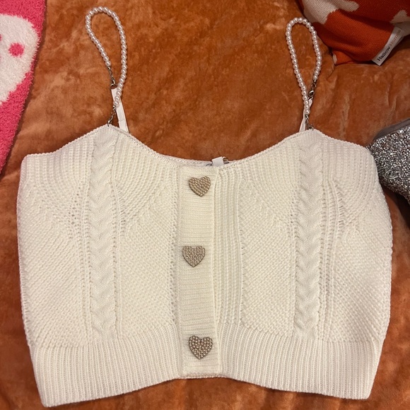 White Knit Crop Top | Pearl Straps | Pearl heart buttons | White Pearl Tank - Picture 2 of 4